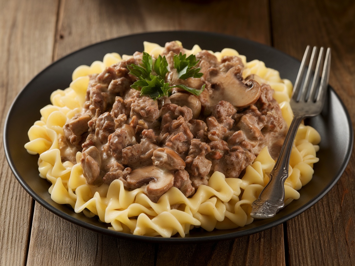 Budget Beef Stroganoff Recipe A delicious plate of beef stroganoff with egg noodles and mushrooms, garnished with parsley on a rustic table.